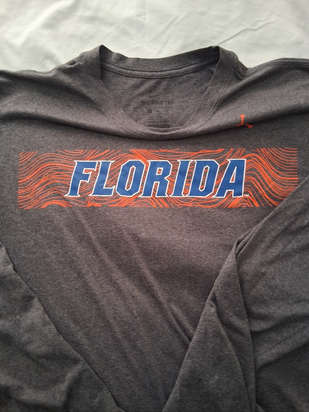 Nike Jordan Gray Long-Sleeve 'FLORIDA' Graphic Tee with Blue and Orange Logo.